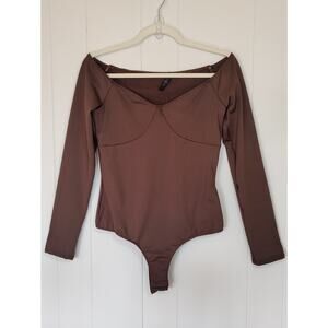 NWT Y2K Off Shoulder Chocolate Brown Bodysuit L Long Sleeve Thong Fitted Bust